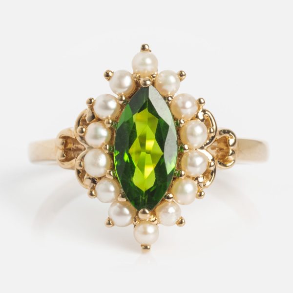14k Opulent Green Diopside and Pearl Marquise Ring Cheap