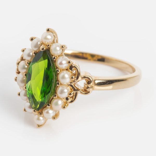 14k Opulent Green Diopside and Pearl Marquise Ring Cheap - Image 5